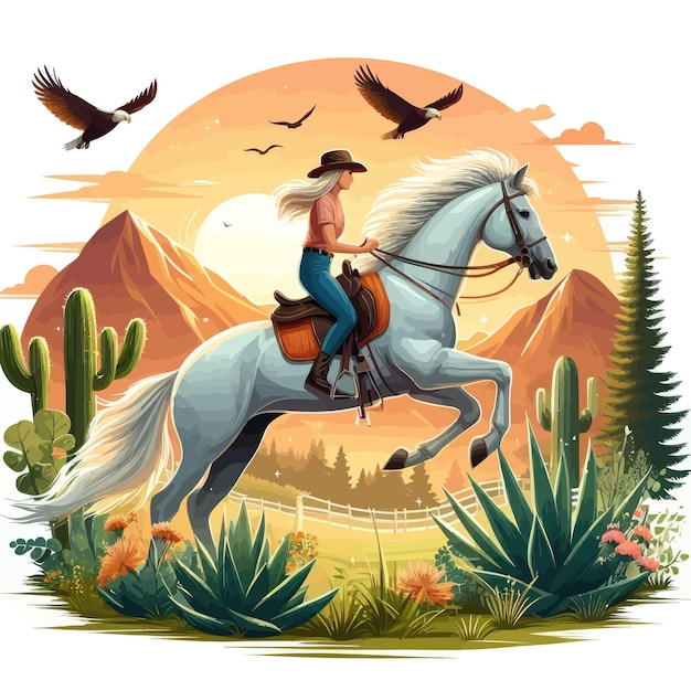 Vector un hombre montando un caballo en el desierto con una montaña en el fondo