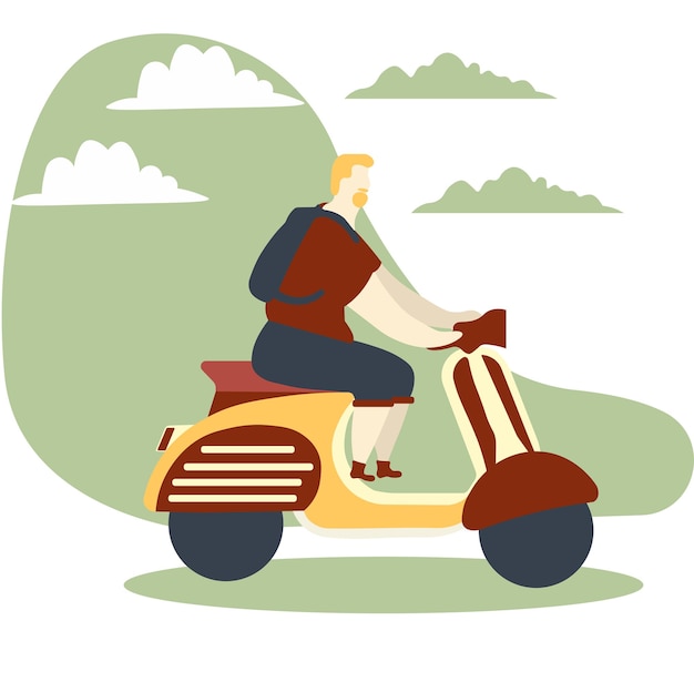 Hombre montando un concepto de scooter estilo plano ilustración vectorial
