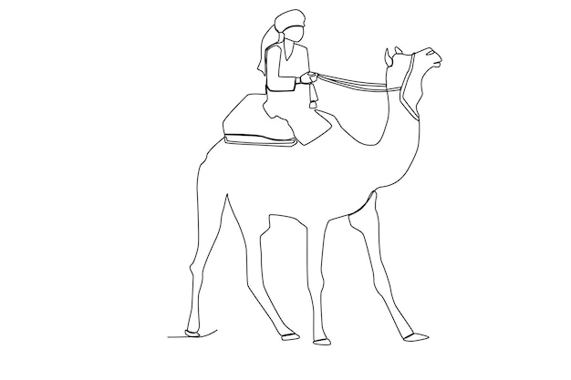 Un hombre montando una ilustración de camello para Isra Miraj one line art