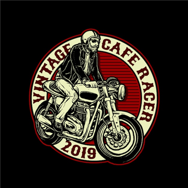 Hombre montando insignia de vector de motocicleta cafe racer