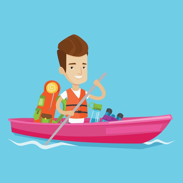 Hombre montando en kayak ilustración.