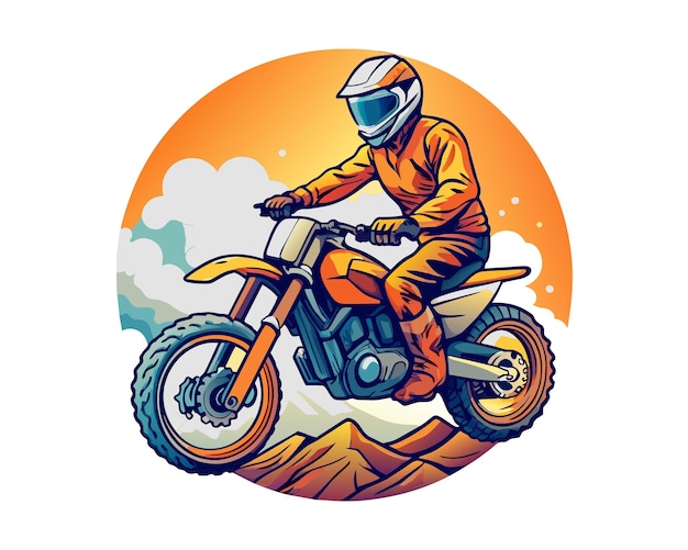 Hombre montando moto cruz ilustración para la camiseta logotipo cartel cartel bandera emblema jinete en bicicleta.