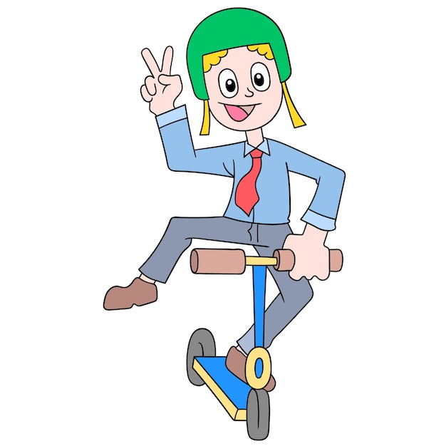 Un hombre montando un scooter de juguete con una cara feliz, arte de ilustración vectorial. imagen de icono de doodle kawaii.