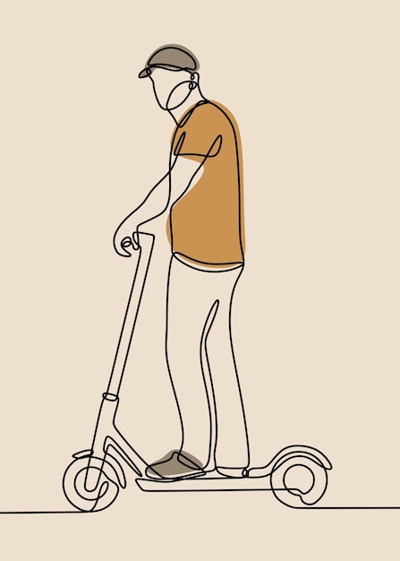 Hombre montando scooter en línea arte de línea continua