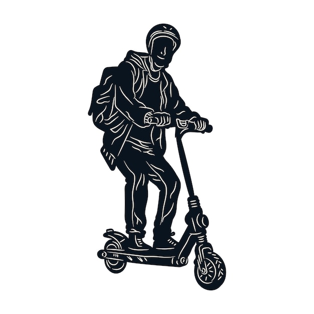Hombre montando scooter mano dibujada línea arte silueta blanco y negro vector ilustración de dibujos animados