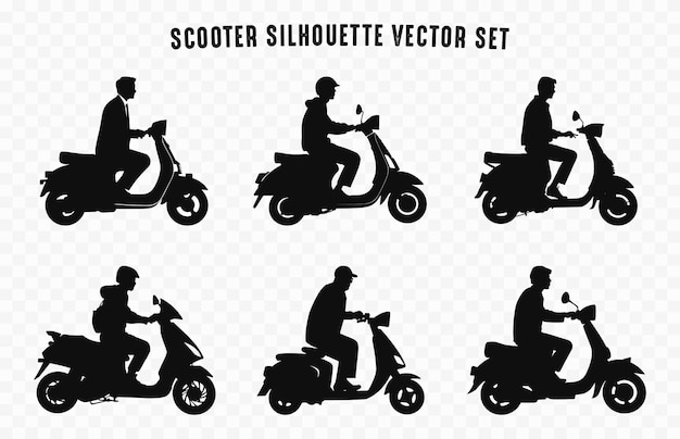 Hombre montando scooter siluetas paquete vectorial gente montar scooter conjunto de silueta negra