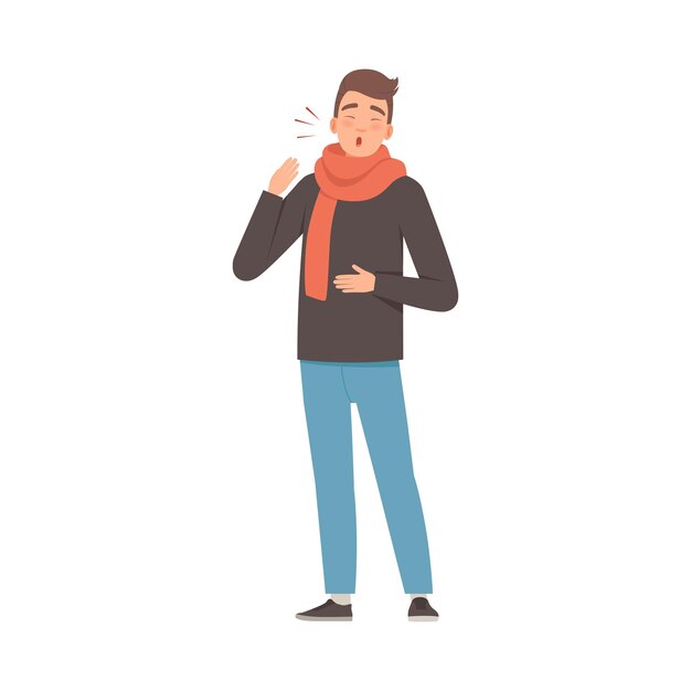 Hombre moreno con una bufanda en un dolor de garganta Ilustración vectorial