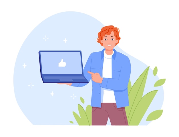 Hombre mostrando el cuaderno Joven gerente apuntando con el dedo a la computadora portátil hombre de negocios feliz sosteniendo la computadora con como en la pantalla monitor de PC hipster confianza empleado ilustración vectorial de hombre con computadora portátil