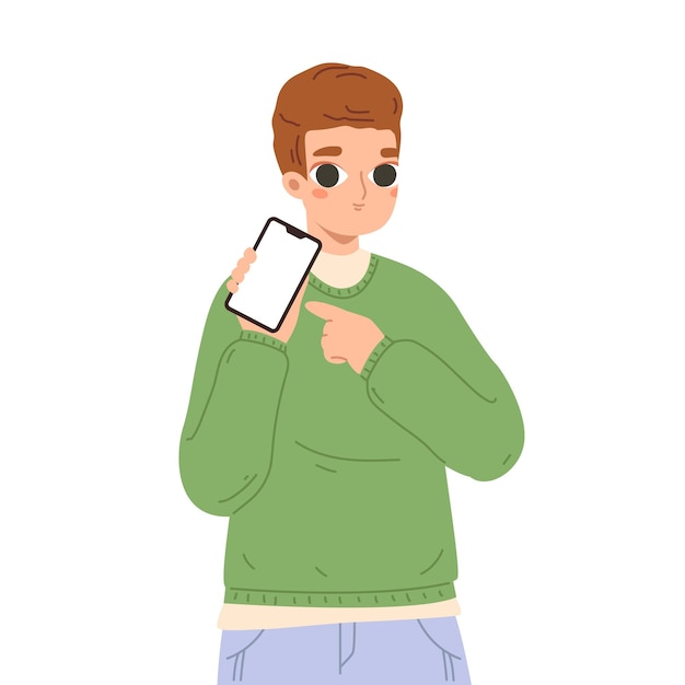 Hombre mostrando pantalla de teléfono celular Persona inteligente apuntando al teléfono Niño de dibujos animados con teléfono inteligente Información de marketing Pago de personajes vectoriales cómodos