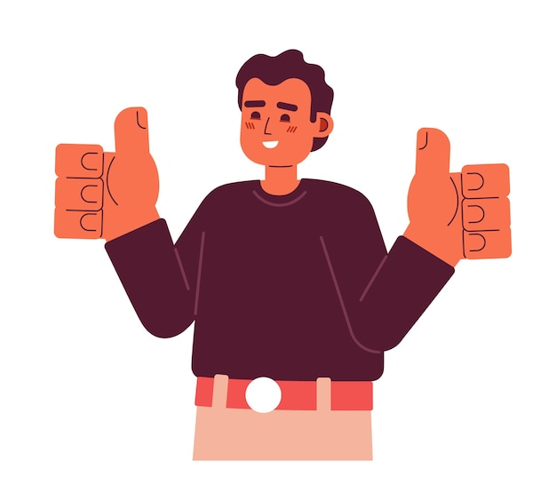 Hombre mostrando todo el gesto correcto carácter vectorial de color semi plano Sonrisa sincera Optimista Persona de medio cuerpo editable en blanco Ilustración simple de dibujos animados para diseño gráfico web
