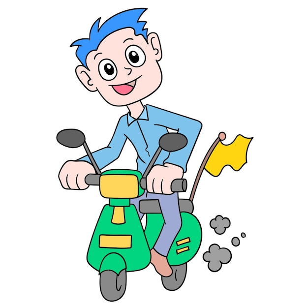 Un hombre en una moto vespa con una cara feliz, arte de ilustración vectorial. imagen de icono de doodle kawaii.