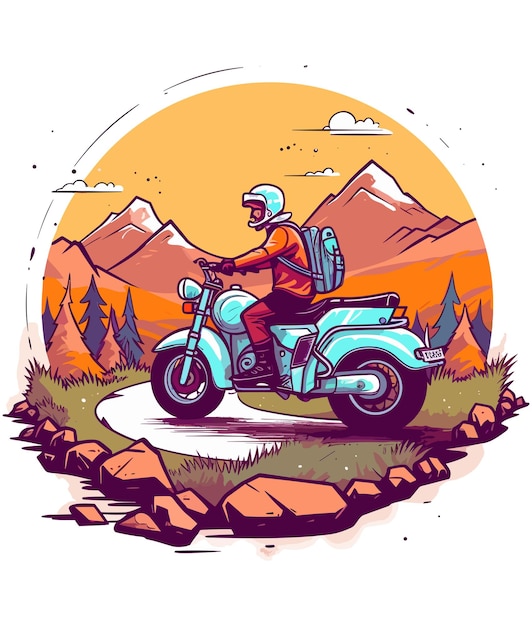 Vector un hombre en una motocicleta en un paisaje con montañas en el fondo.