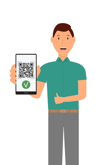 Vector el hombre muestra un código qr en su teléfono que confirma la disponibilidad de un certificado de vacunación