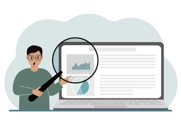 Un hombre muestra un informe de una presentación en una computadora portátil con una ilustración de vector de lupa Concepto de planificación de auditoría de análisis de negocios financieros