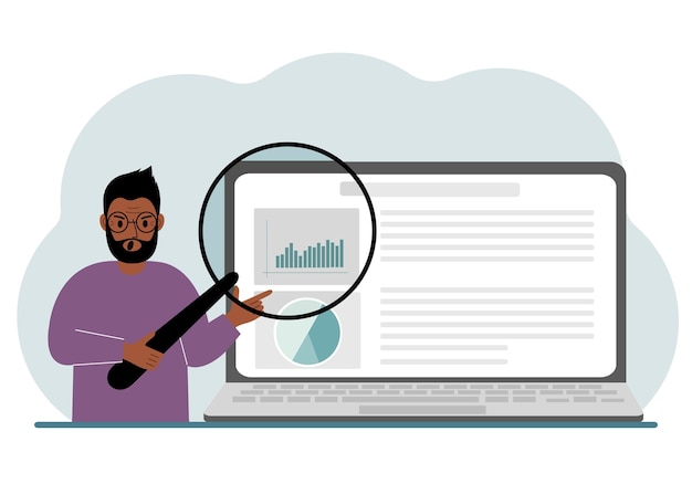 Un hombre muestra un informe de una presentación en una computadora portátil con una ilustración de vector de lupa Concepto de planificación de auditoría de análisis de negocios financieros