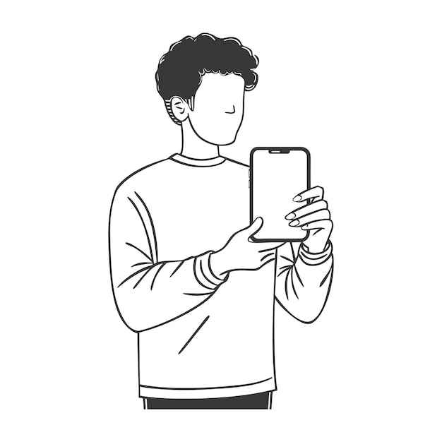hombre muestra una pantalla de teléfono celular blanca en blanco en el símbolo del logotipo del icono de arte de línea minimalista