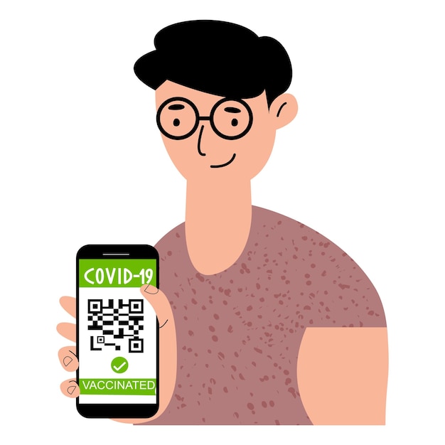 Hombre muestra teléfono con pasaporte digital vacunación Covid19