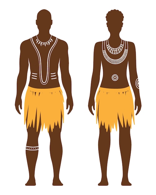 Vector hombre y mujer aborigen con arte corporal tradicional y vestidos étnicos aislados de fondo blanco