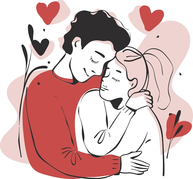 un hombre y una mujer abrazándose con corazones detrás de ellos
