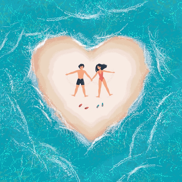 Hombre y mujer acostada en una isla de arena blanca en forma de corazón rodeada por el mar
