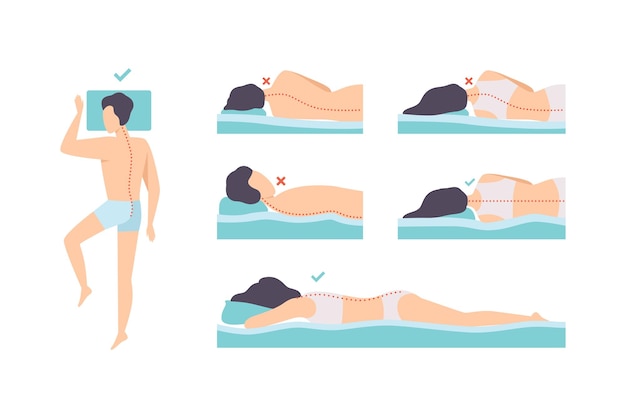 Hombre y mujer acostados en la postura correcta e incorrecta para dormir para el conjunto vectorial del cuello y la columna vertebral