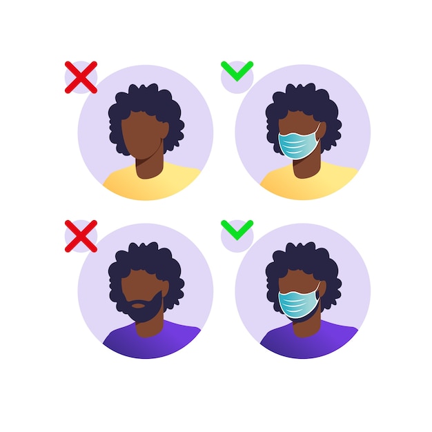 Hombre y mujer africana con máscaras faciales. Detener el concepto de pandemia. Personas que usan protección contra virus, contaminación del aire urbano, smog, vapor, emisión de gases contaminantes.