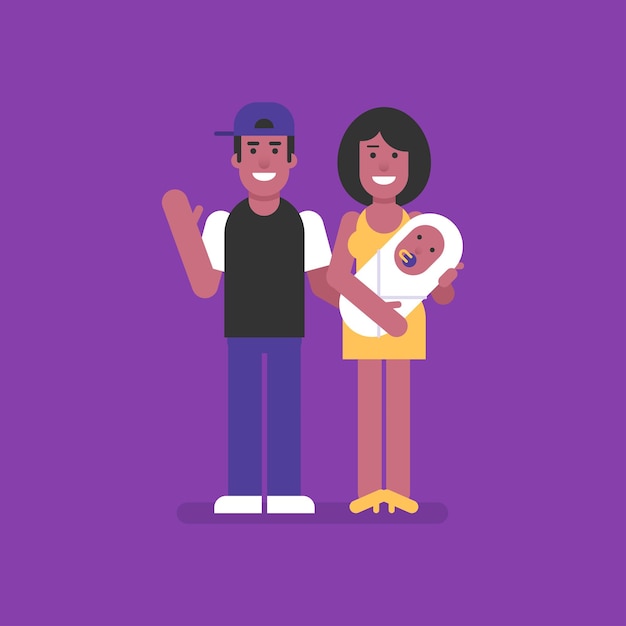 Vector el hombre y la mujer afroamericanos de la pareja están parados con el bebé y sonríen. gente plana. ilustración vectorial