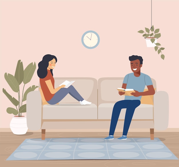 Hombre y mujer afroamericanos sentados en el sofá con libros Vector ilustración plana