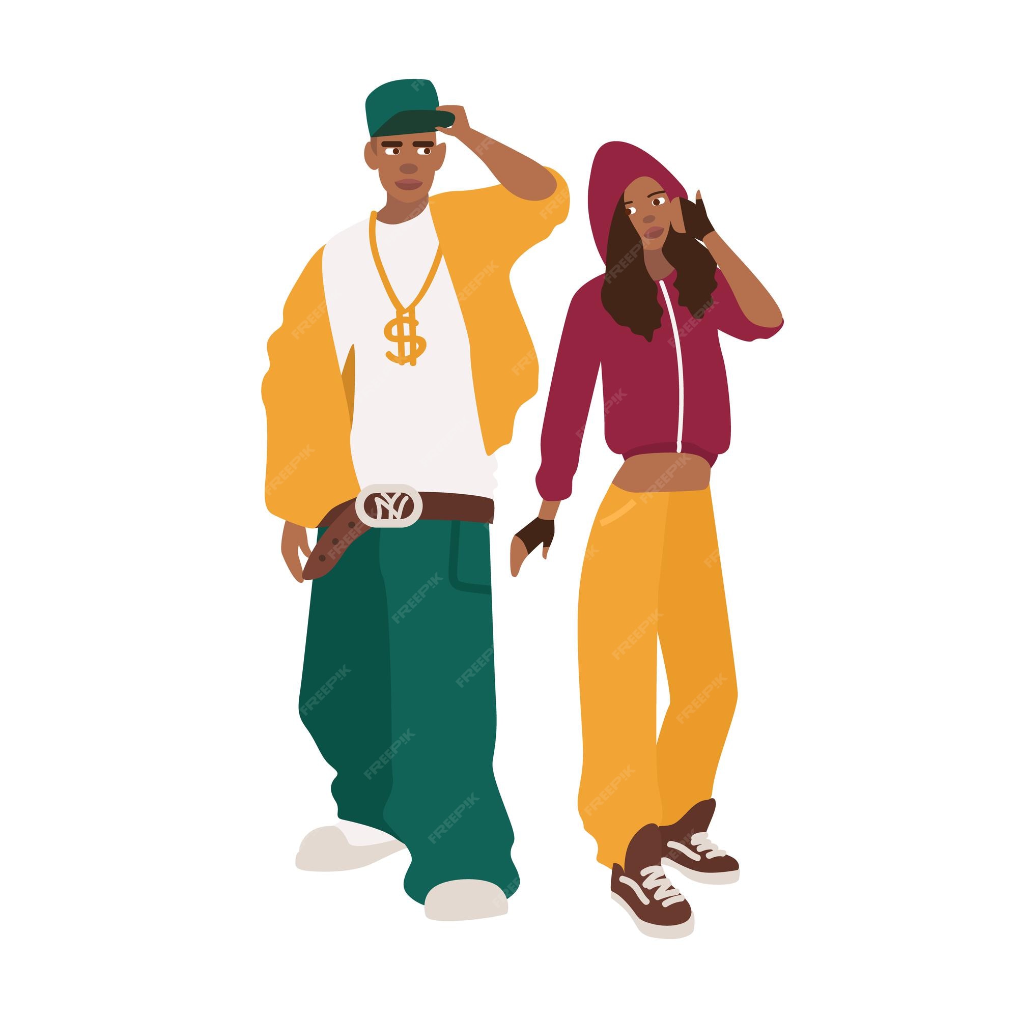 Hombre y afroamericanos vestidos con ropa suelta. pareja o raperos. fanáticos del rap o r'n'b. lindos personajes de dibujos animados masculinos y femeninos aislados sobre fondo blanco. ilustración de vector