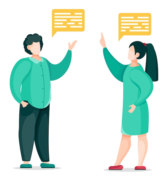 Hombre y mujer aislados en fondo blanco con nube de voz o nube de diálogo con texto Conversación o concepto de comunicación parlante Personaje de dibujos animados en burbuja de voz de discusión de estilo vectorial