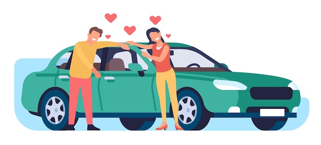 Hombre y mujer alegres abrazando su automóvil favorito pareja joven comprando automóvil personas abrazando vehículos compra de transporte corazones de amor felicidad de los compradores propietarios de automóviles concepto vectorial