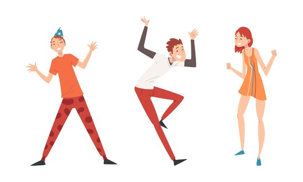 Hombre y mujer alegres bailando teniendo un conjunto de vectores de fiesta