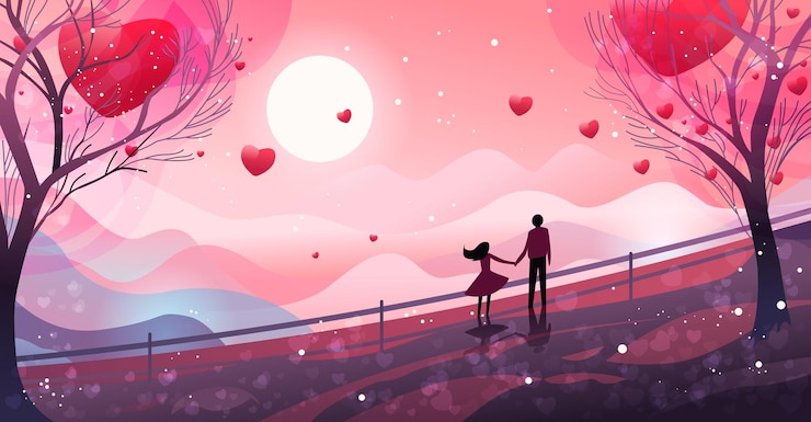 Vector hombre mujer amantes caminando en el parque con corazones rojos en el aire feliz día de san valentín celebración concepto fondo paisaje