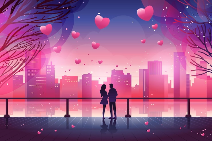 Vector hombre mujer amantes caminando en el parque con corazones rojos en el aire feliz día de san valentín celebración concepto paisaje urbano fondo