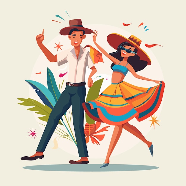 Vector un hombre y una mujer de américa latina están bailando en un entorno tropical