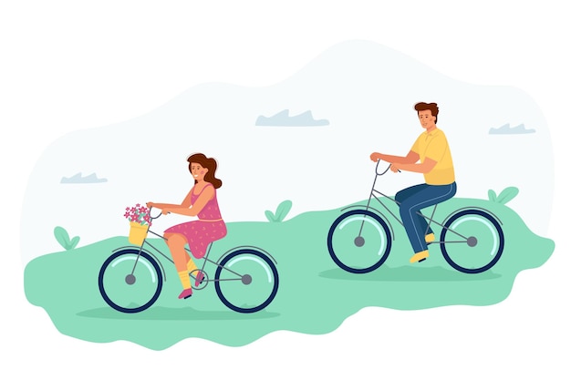 Un hombre y una mujer andan en bicicleta, una cita romántica en bicicleta para una pareja.