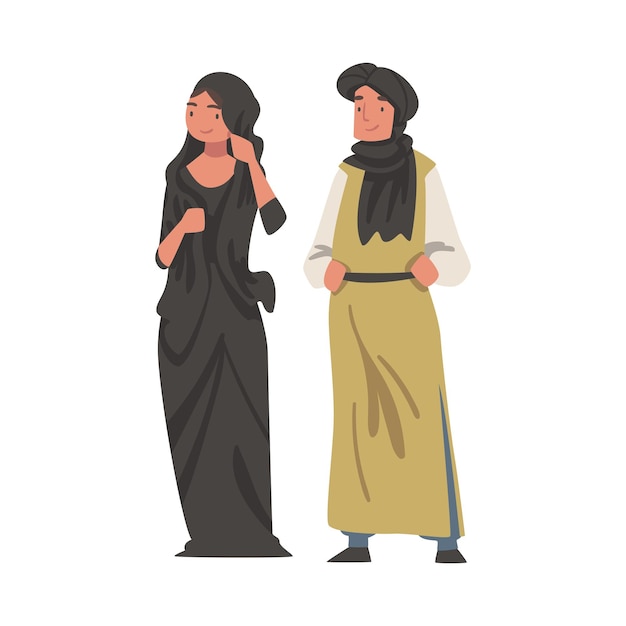 Hombre y mujer árabes de pie con vestidos tradicionales musulmanes y una ilustración vectorial de prendas de vestir largas y fluidas