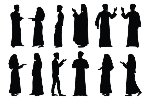Hombre y mujer árabes posan con todo el cuerpo, con siluetas aisladas, ilustración vectorial plana sobre fondo blanco.