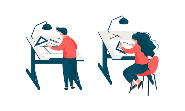 Hombre y mujer arquitectos en la mesa diseñando el proyecto y el plan para el conjunto vectorial de construcción de edificios