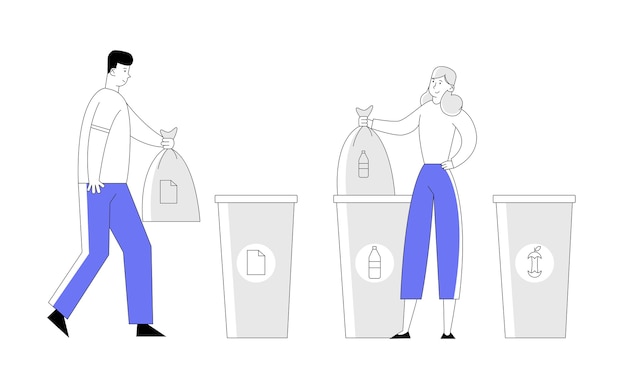 Vector hombre y mujer arrojan basura en contenedores y bolsas de reciclaje.