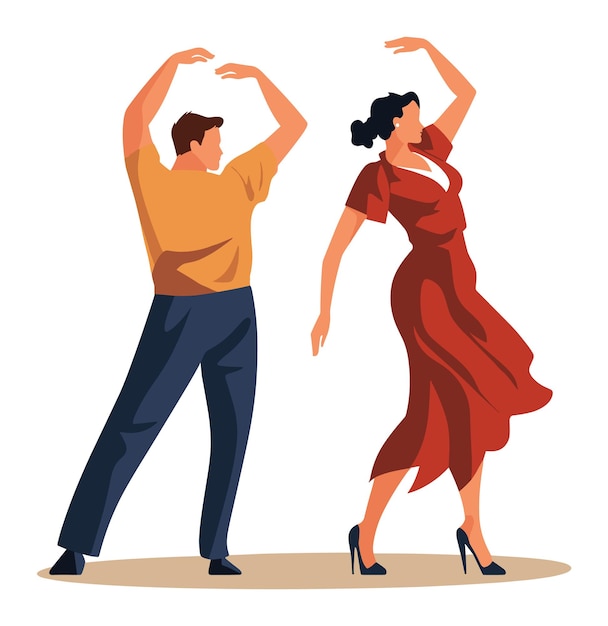 Hombre y mujer bailando flamenco apasionadamente con gestos expresivos bailarines masculinos y femeninos en traje tradicional posan ilustración vectorial de la cultura y el rendimiento de la danza española