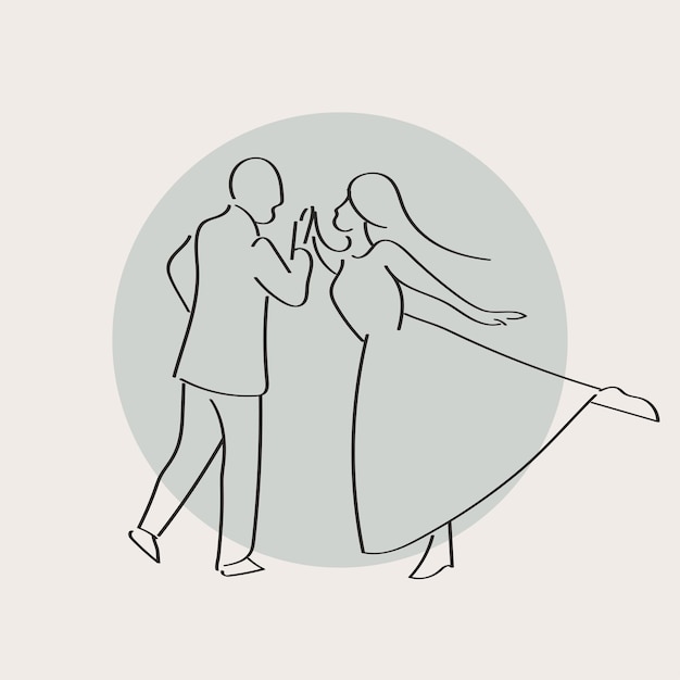 Un hombre y una mujer bailando, una ilustración de estilo de línea dibujada a mano.