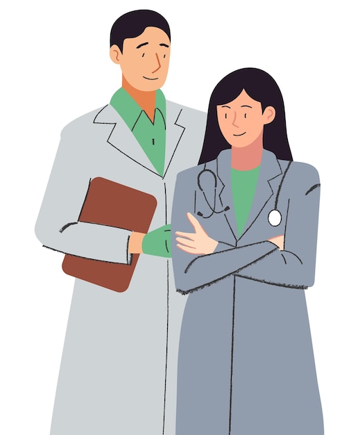 Un hombre y una mujer con batas de laboratorio están juntos, uno de ellos dice "médico"