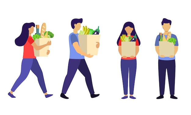 Hombre y mujer con bolsas de la compra aislado sobre fondo blanco Alimentos Las compras de comestibles establecen una alimentación saludable