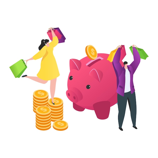 Vector hombre y mujer con bolsas de compras depositando monedas en una alcancía gigante ahorrando dinero y consumismo