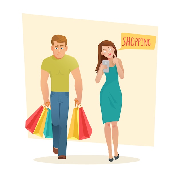 Vector hombre y mujer con bolsas de compras.