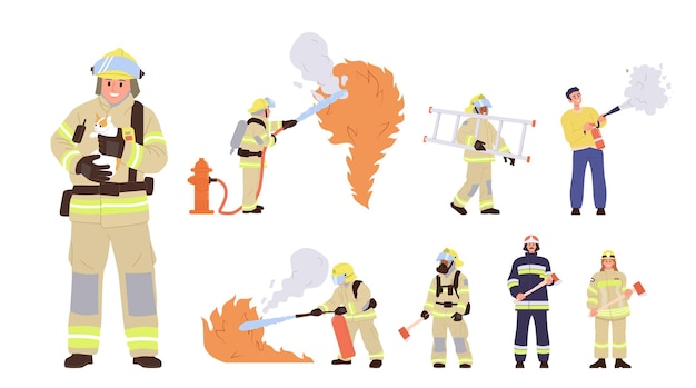 Hombre mujer bomberos personajes de dibujos animados con uniforme de protección sosteniendo un hacha aislado en blanco