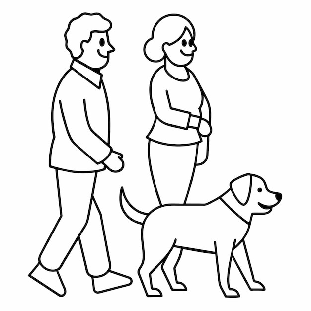 un hombre y una mujer caminando con un perro y un perro
