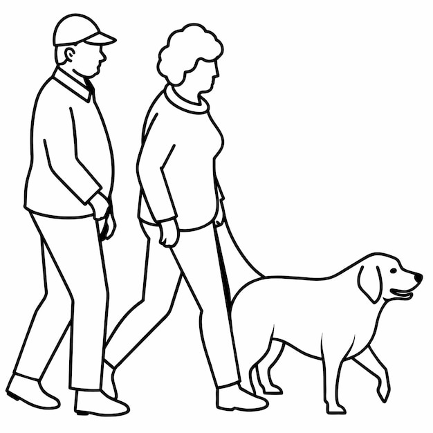 un hombre y una mujer caminando con un perro