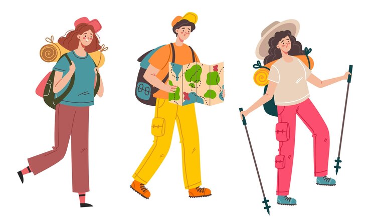 Vector hombre mujer campistas turísticos personas personajes aislados conjunto diseño gráfico plano aislado